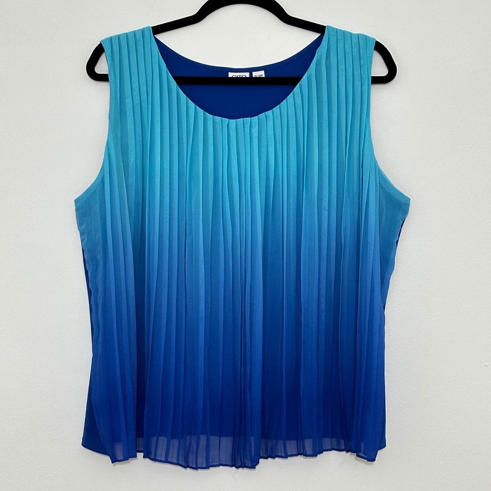 Cato Womans Top Plus 26 Blue Ombre Pleated Flowy Tank Statement Coastal Cruise
